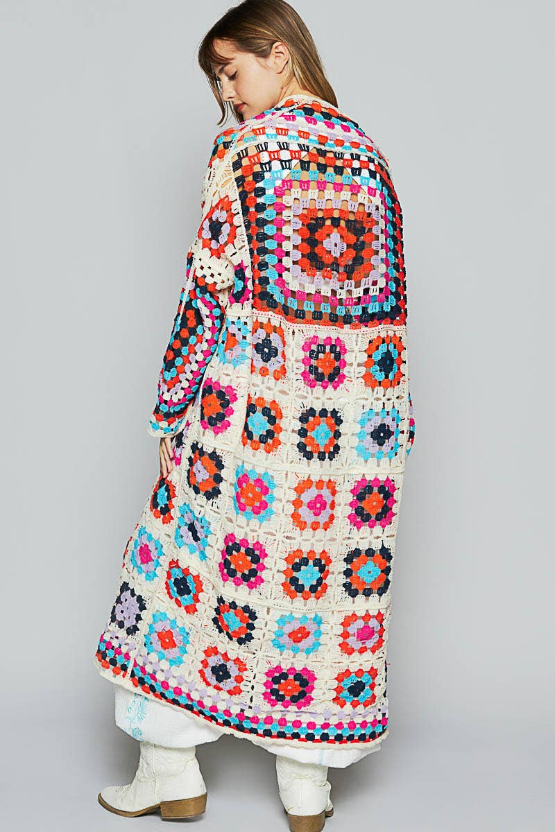 Long sleeve various colors crochet cardigan: BEIGE MULTI / Os