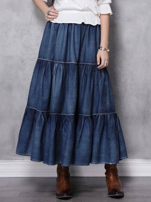 Vintage Splicing Pleated Jean Skirt: DENIM BOHO Flowy Maxi Skirt
