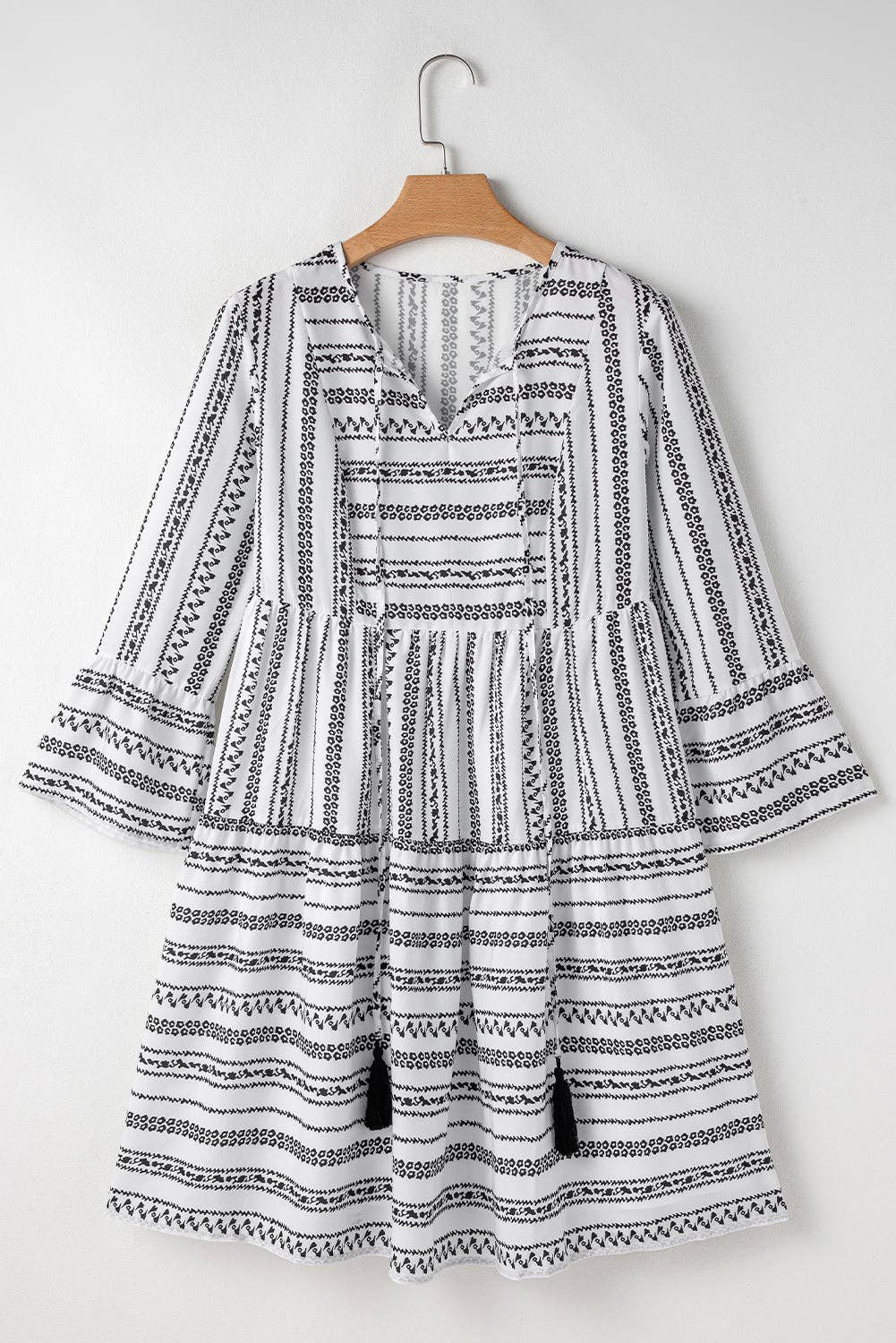 Black Stripe V Neck Bell Sleeve High Waist Mini Dress: Black Stripe / 100%Polyester