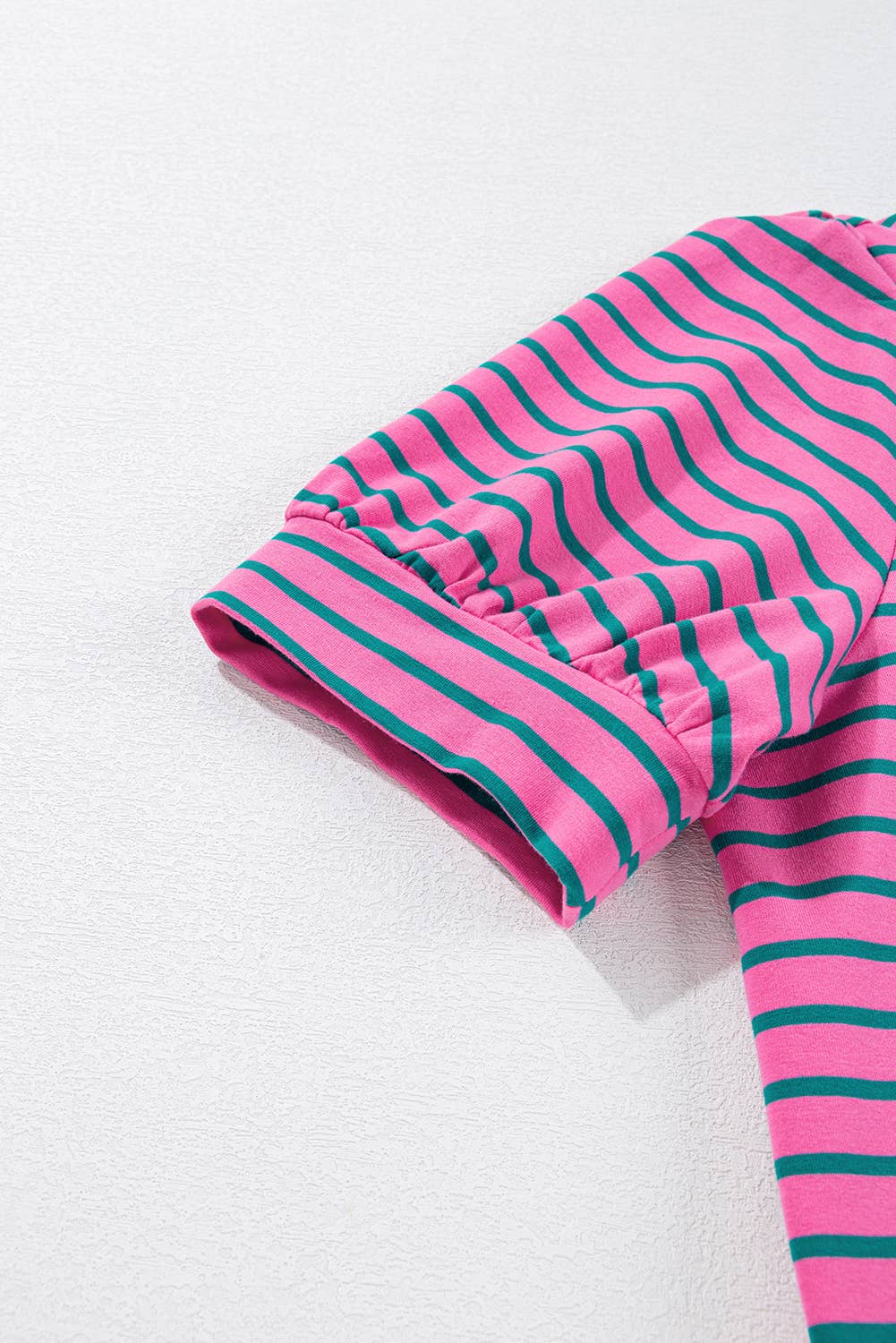 Plus Size Stripe V Neck Puff Sleeve Collared Shirt Dress: Pink / Plus Size