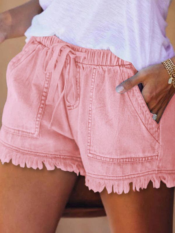 10 Colors Casual Drawstring High Waisted Denim Fringed Shorts: PINK / L