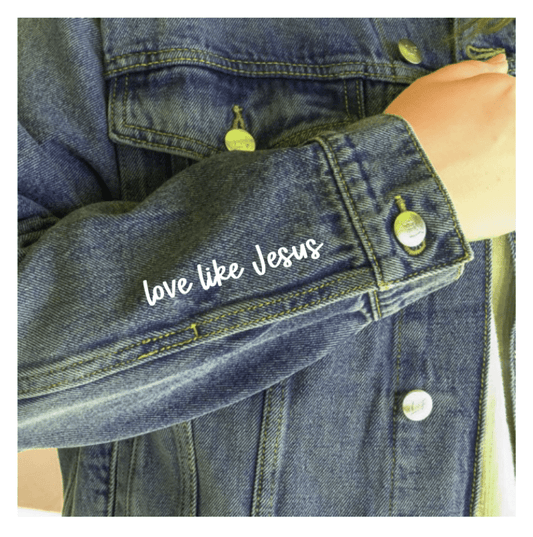 Vintage Washed Embroidered Love Like Jesus Denim Jacket: Blue Vintage Wash / L
