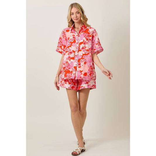 Summer Floral Short Sleeve Top & Shorts Set: RED COMBO