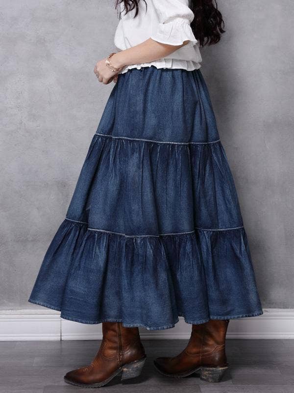 Vintage Splicing Pleated Jean Skirt: DENIM BOHO Flowy Maxi Skirt