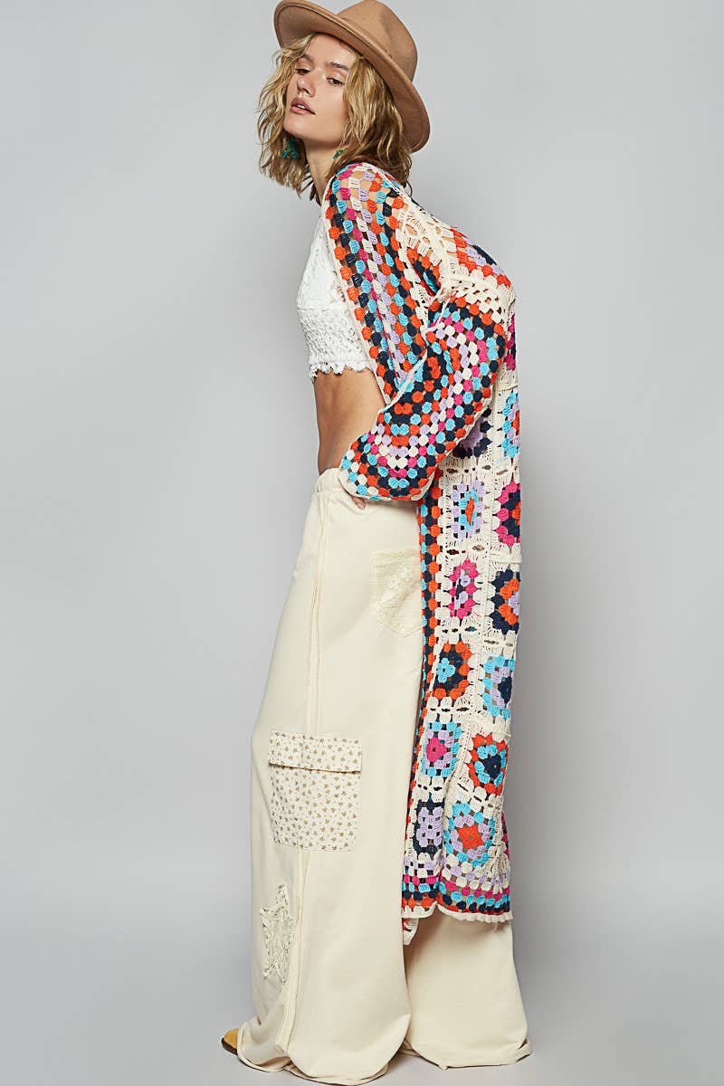 Long sleeve various colors crochet cardigan: BEIGE MULTI / Os