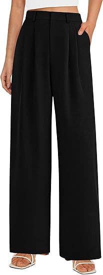High Waist Wide Leg Trousers with Pockets: Black / 85%Rayon + 15%Linen