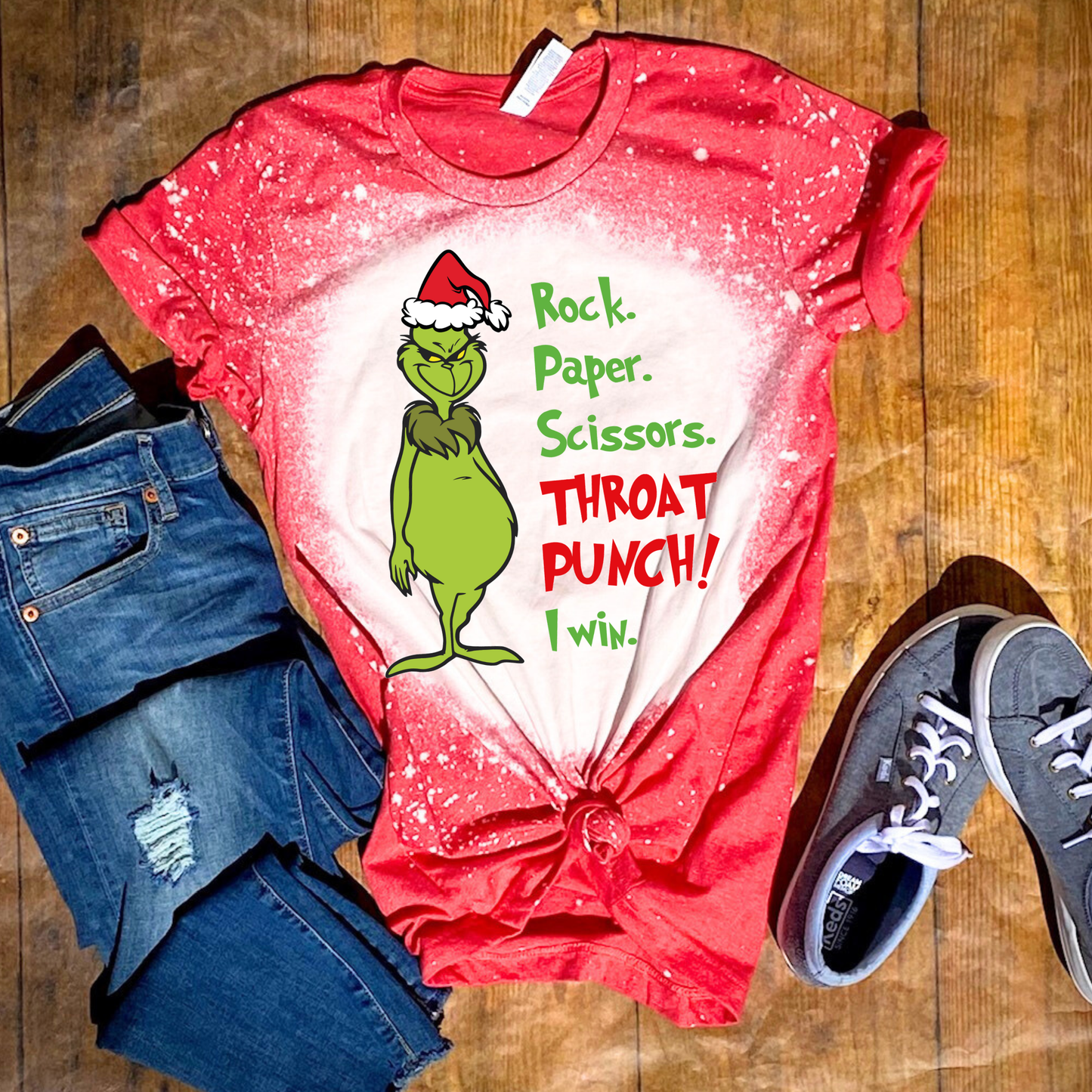 Funny Grinch Christmas Shirt – “Rock Paper Scissors Throat Punch” Bleached Tee | Holiday Humor T-Shirt