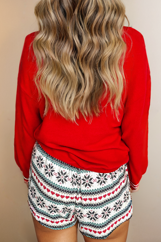 SLEIGH Print Long Sleeve and Wide Leg Shorts Lounge Set: Red / Missy