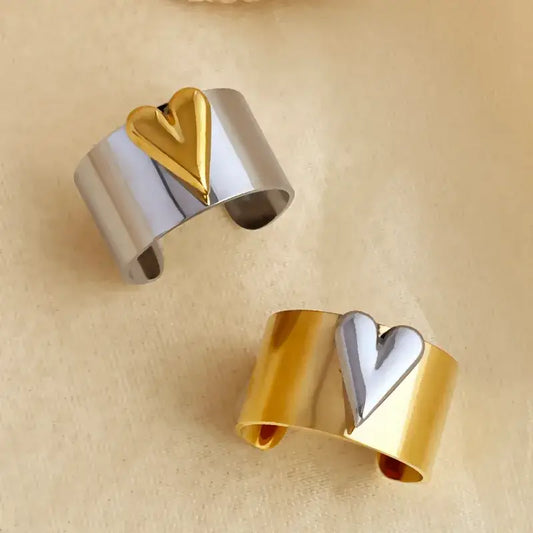 Solid Adjustable Mixed Jewelry Ring Silver and Gold Heart: Yellow Gold