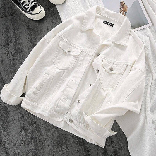Oversized Vintage White Denim Jacket: WHITE / L