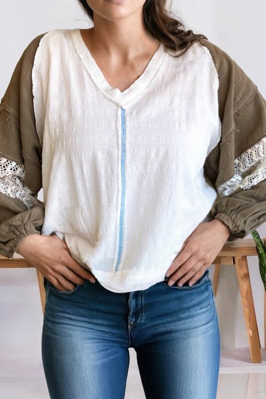 Colorblock Lace Patchwork Long Sleeve V Neck Plus Size Top: Green / Plus Size