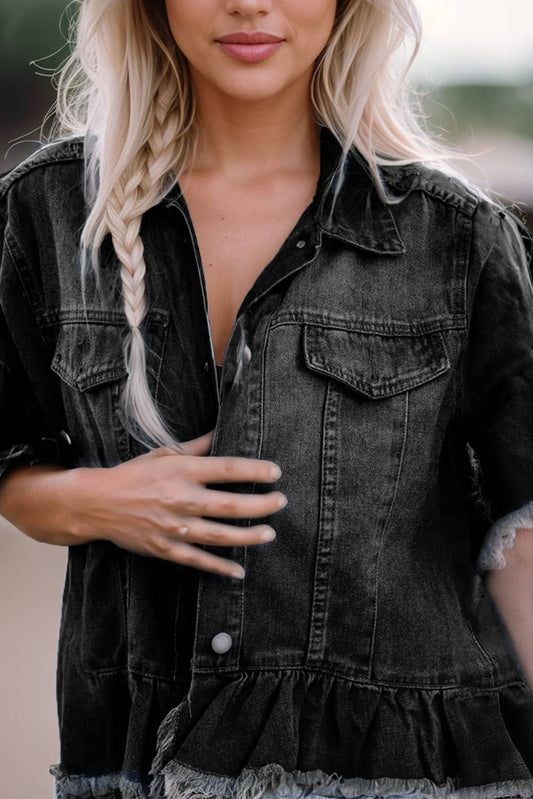 Women Raw Edge Ruffled Short Sleeve Denim Jacket  Black