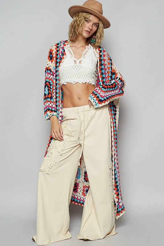 Long sleeve various colors crochet cardigan: BEIGE MULTI / Os