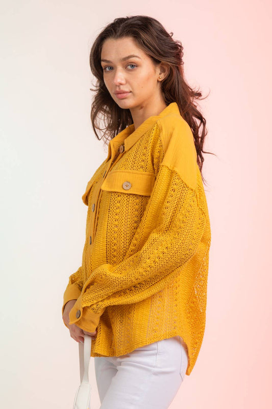 Lace Crochet Button Down Sheer Shacket: YELLOW S-M-L