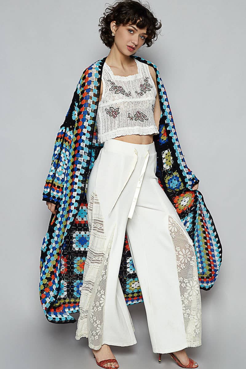 Long sleeve various colors crochet cardigan: BEIGE MULTI / Os