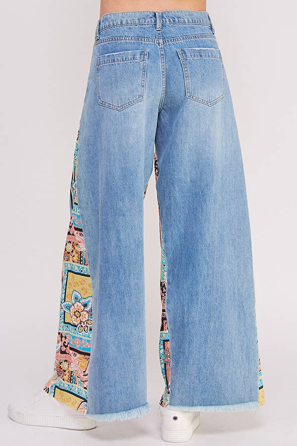 MID RISE PAISLEY PRINT PATCHWORK STRAIGHT LEG PANT: DENIM
