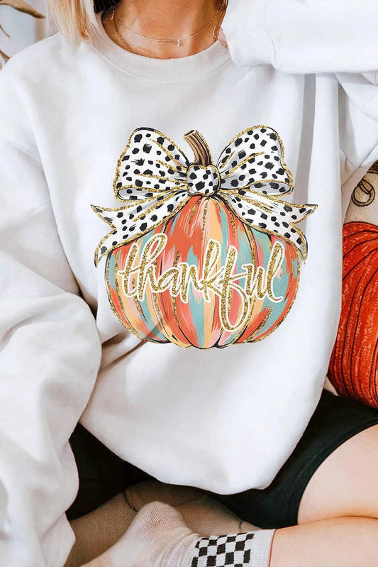 Beige Polka Dot Bow Knot Pumpkin Print Thanksgiving Sweatshirt: Beige / 50%Polyester+50%Cotton