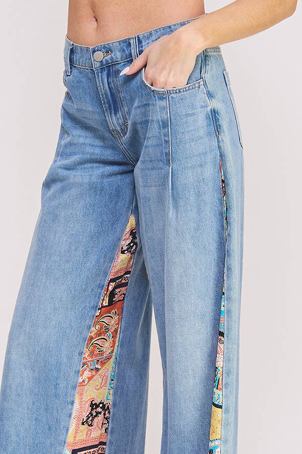 MID RISE PAISLEY PRINT PATCHWORK STRAIGHT LEG PANT: DENIM