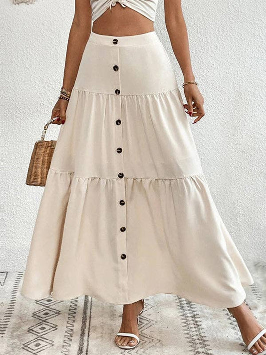 Loose Buttoned Pleated Split-Joint Skirts Bottoms: APRICOT