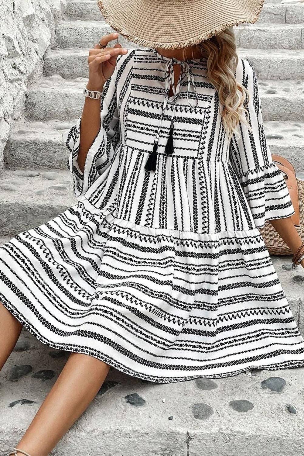 Black Stripe V Neck Bell Sleeve High Waist Mini Dress: Black Stripe / 100%Polyester