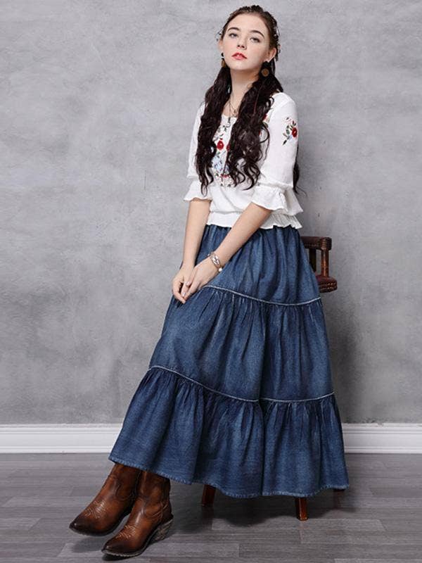 Vintage Splicing Pleated Jean Skirt: DENIM BOHO Flowy Maxi Skirt