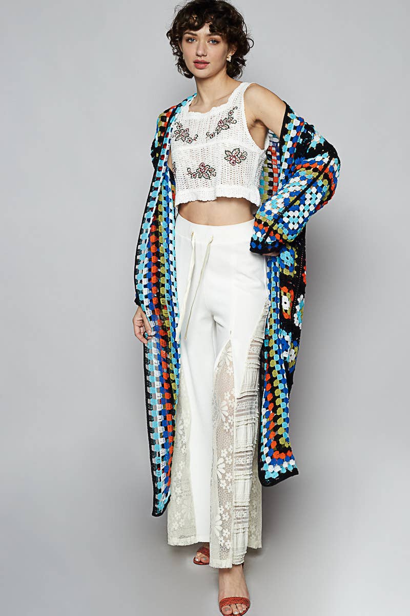Long sleeve various colors crochet cardigan: BEIGE MULTI / Os