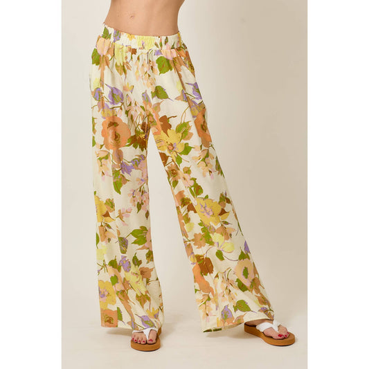 Floral Wide-Leg Pants with Elastic Waistband & Pockets: Cream combo