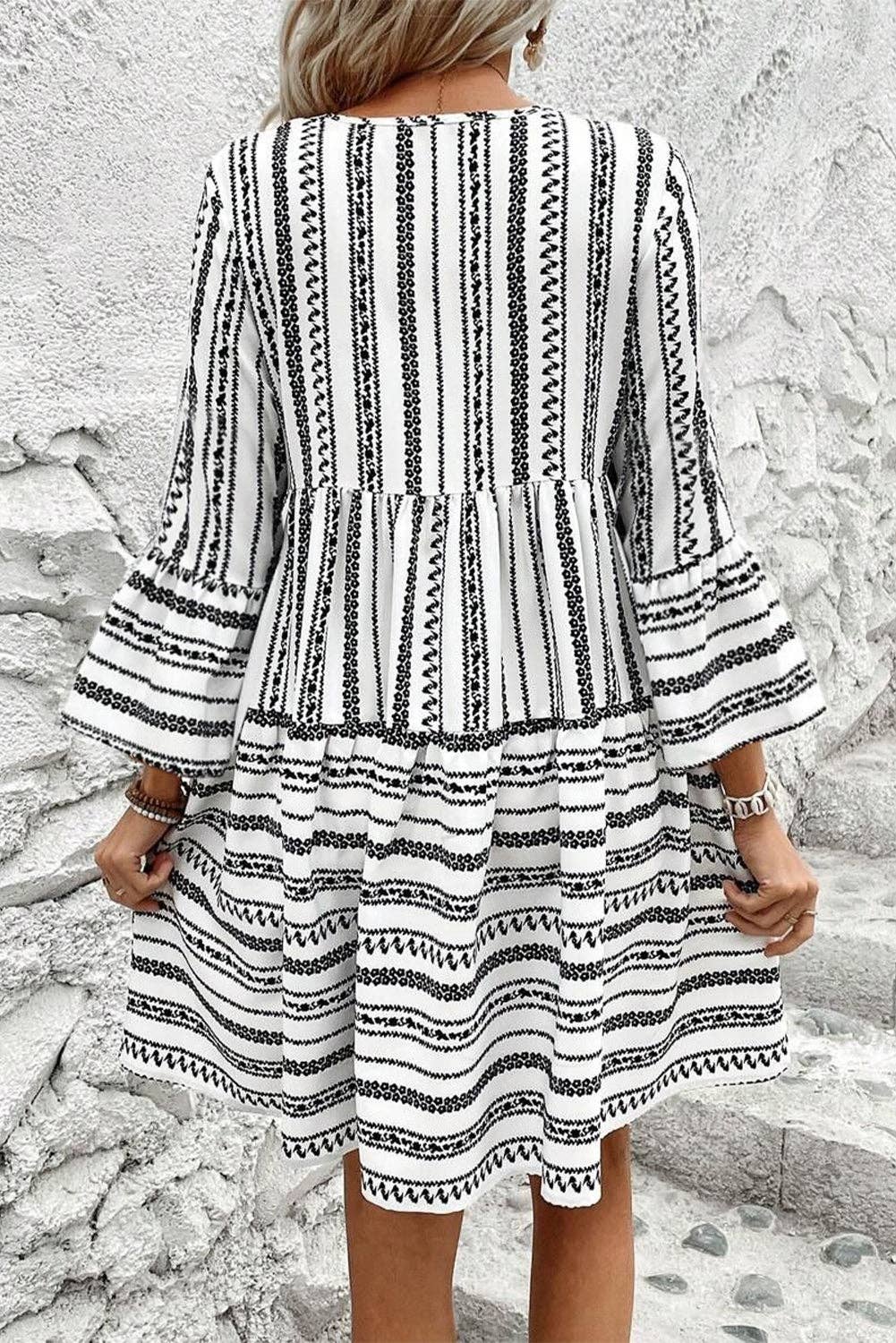 Black Stripe V Neck Bell Sleeve High Waist Mini Dress: Black Stripe / 100%Polyester
