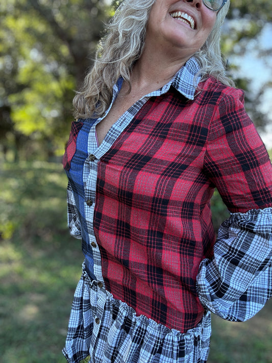 WAIST RUFFLE SKIRT BALLOON LONG SLEEVE SHIRT DRESS: BLACK/WHITE MULTI