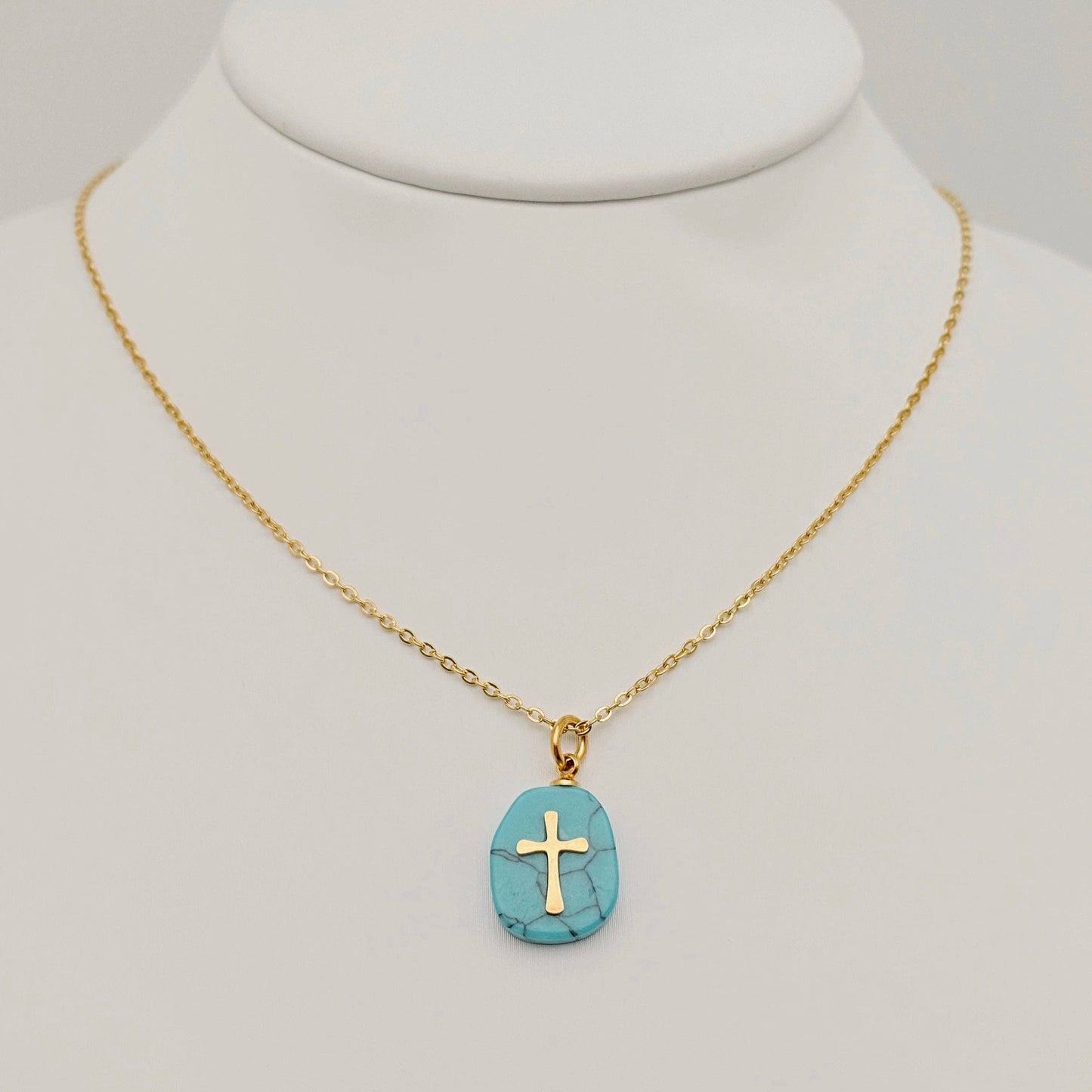 Natural Stone Stainless Steel Cross Pendant Necklace - CS: 3# White