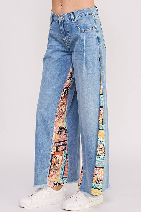 MID RISE PAISLEY PRINT PATCHWORK STRAIGHT LEG PANT: DENIM