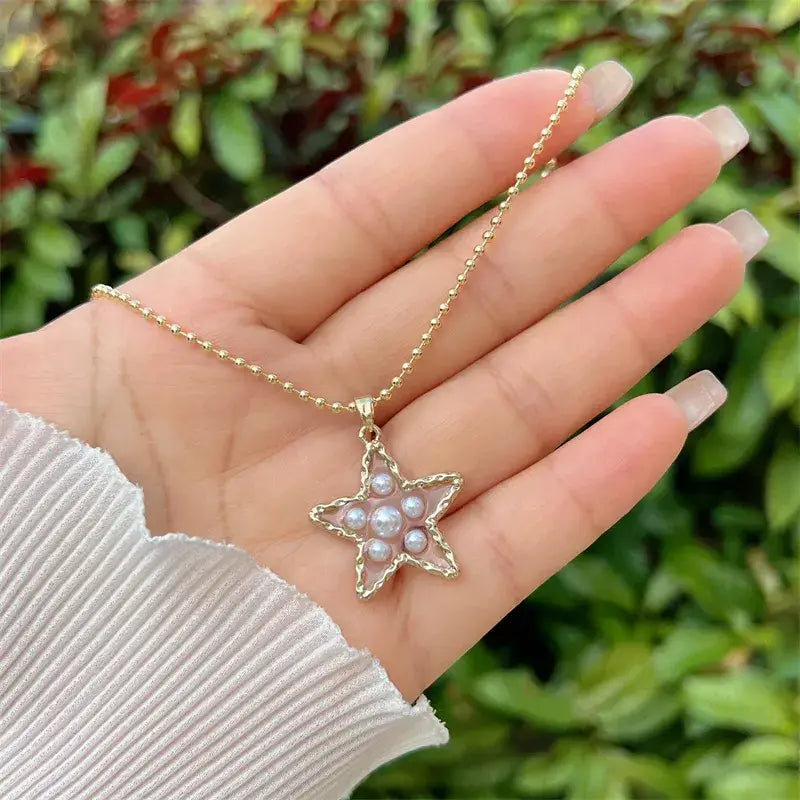 Beaded Necklace with Heart or Star Pendant with Pearls: Large Star