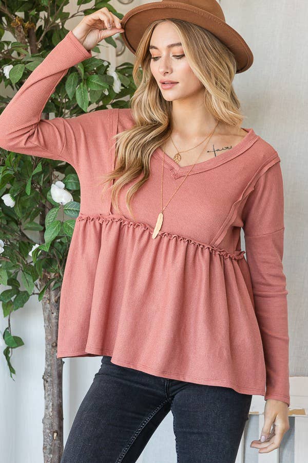 THERMAL VNECK BABYDOLL TOP MARSALA