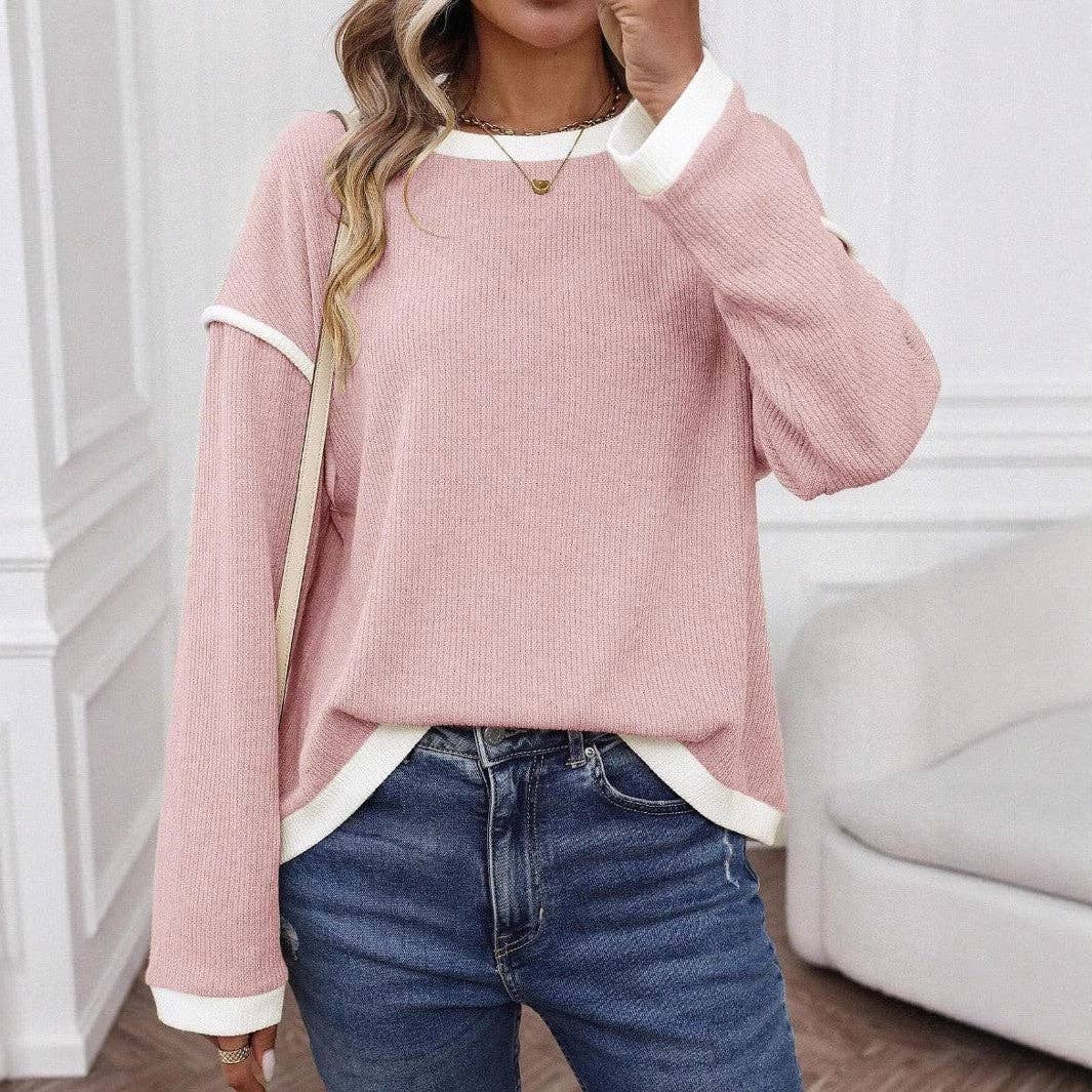 Colorblock Crewneck Knit Look Long Sleeve Pullover Top: Pink / 65%Polyester+30%Viscose+5%Elastane