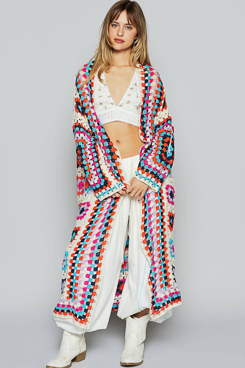 Long sleeve various colors crochet cardigan: BEIGE MULTI / Os