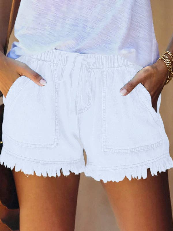 10 Colors Casual Drawstring High Waisted Denim Fringed Shorts: WHITE / XL