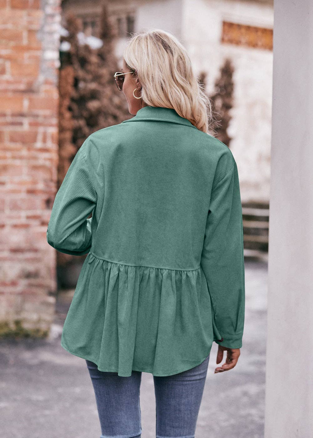 Casual Doll Shirts Babydoll Corduroy Shirts: Green / 100%Polyeser / L