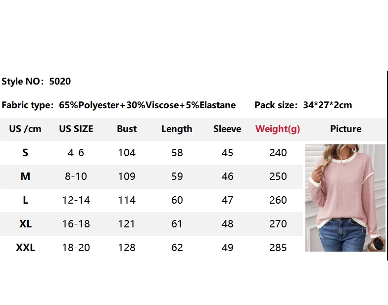 Colorblock Crewneck Knit Look Long Sleeve Pullover Top: Pink / 65%Polyester+30%Viscose+5%Elastane