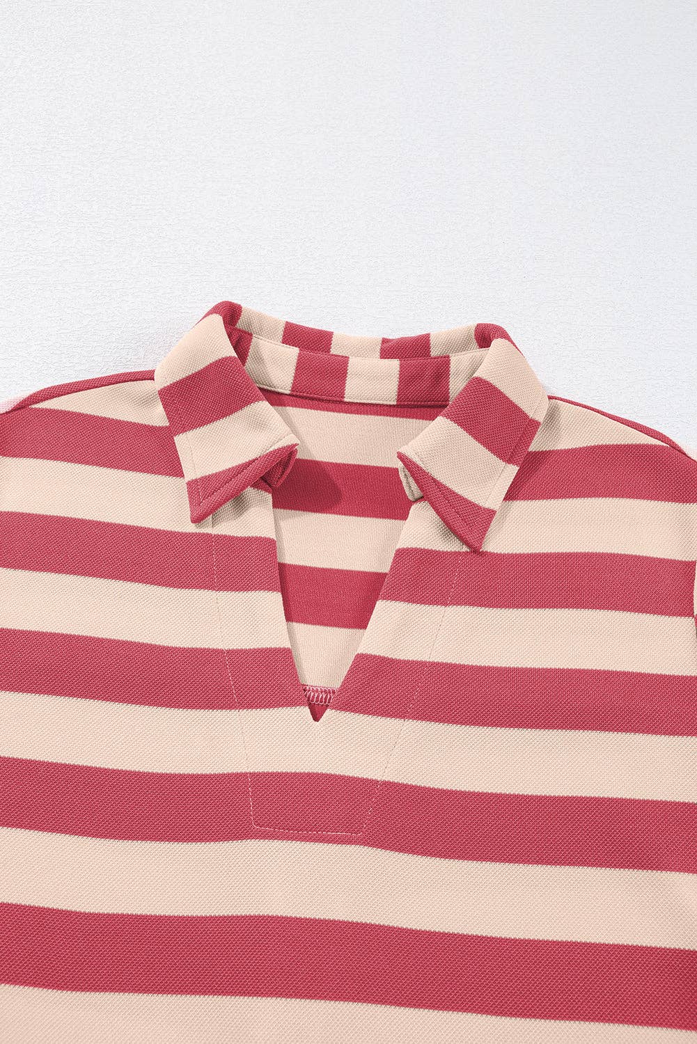 Pink Stripe Collared V Neck Long Sleeve Loose Casual Dress: Pink Stripe / 100%Polyester