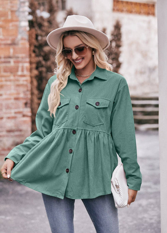 Casual Doll Shirts Babydoll Corduroy Shirts: Green / 100%Polyeser / L