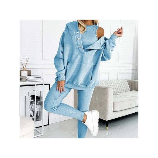 3-Piece Set- Leisure Hoodie, Thick Ribbed Vest, And Pants: BLACK