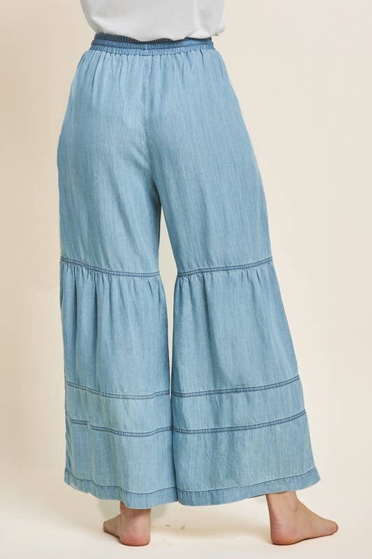 Plus Washed Denim Tiered Wide Leg Pants: Washed Chambray