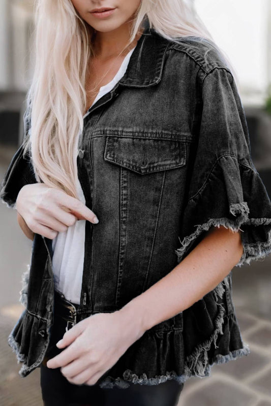 Women Raw Edge Ruffled Short Sleeve Denim Jacket  Black