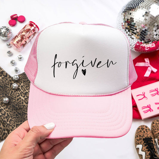 Forgiven Trucker Hat - Summer Western Trucker Hat: Black and White Hat: Pink and White