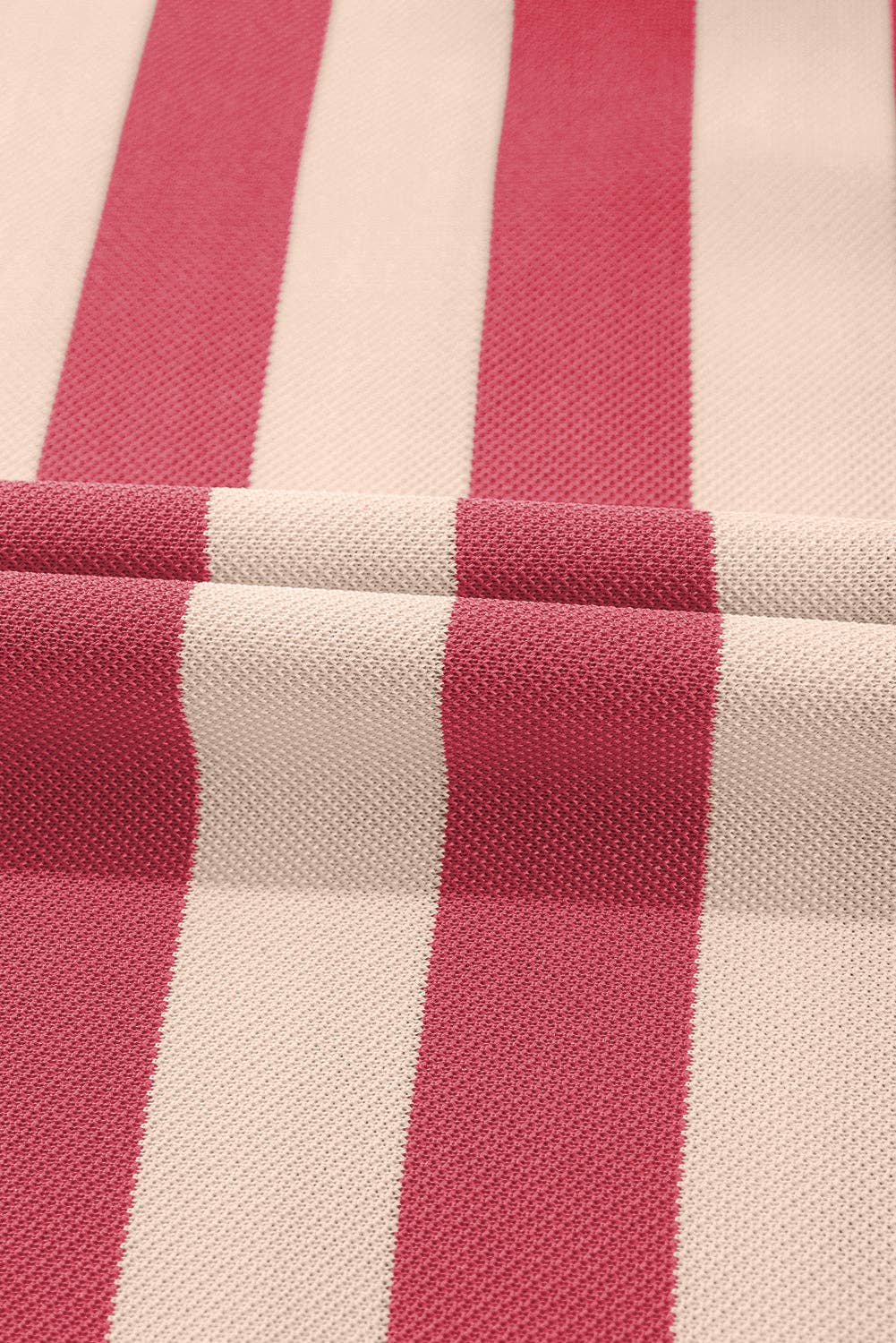 Pink Stripe Collared V Neck Long Sleeve Loose Casual Dress: Pink Stripe / 100%Polyester