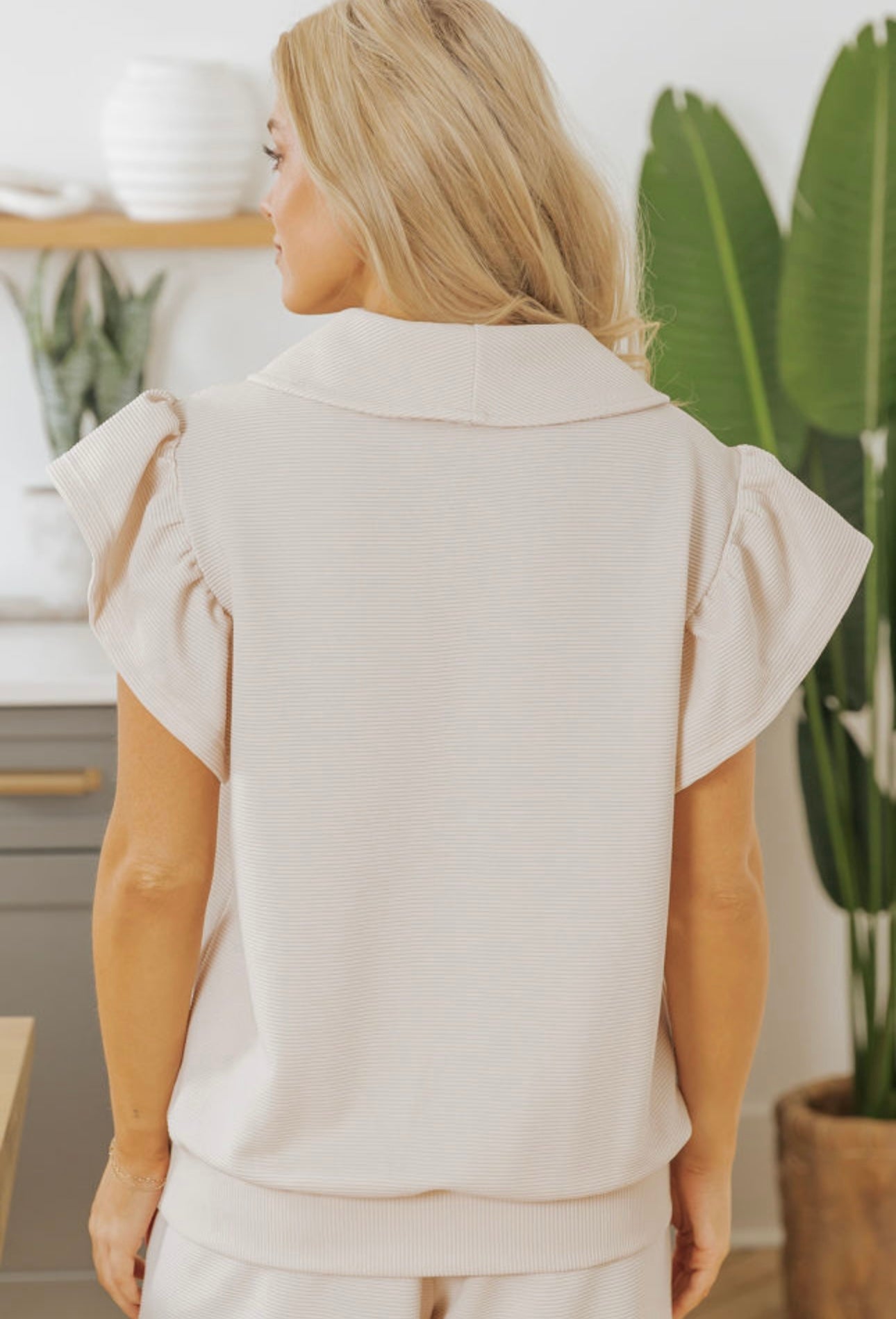 Apricot Textured Ruffle Sleeve Zippered Top Wide Leg Pant Set