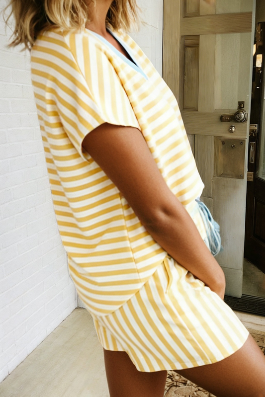 Stripe Colorblock Tee Drawstring Short Set Yellow Stripe