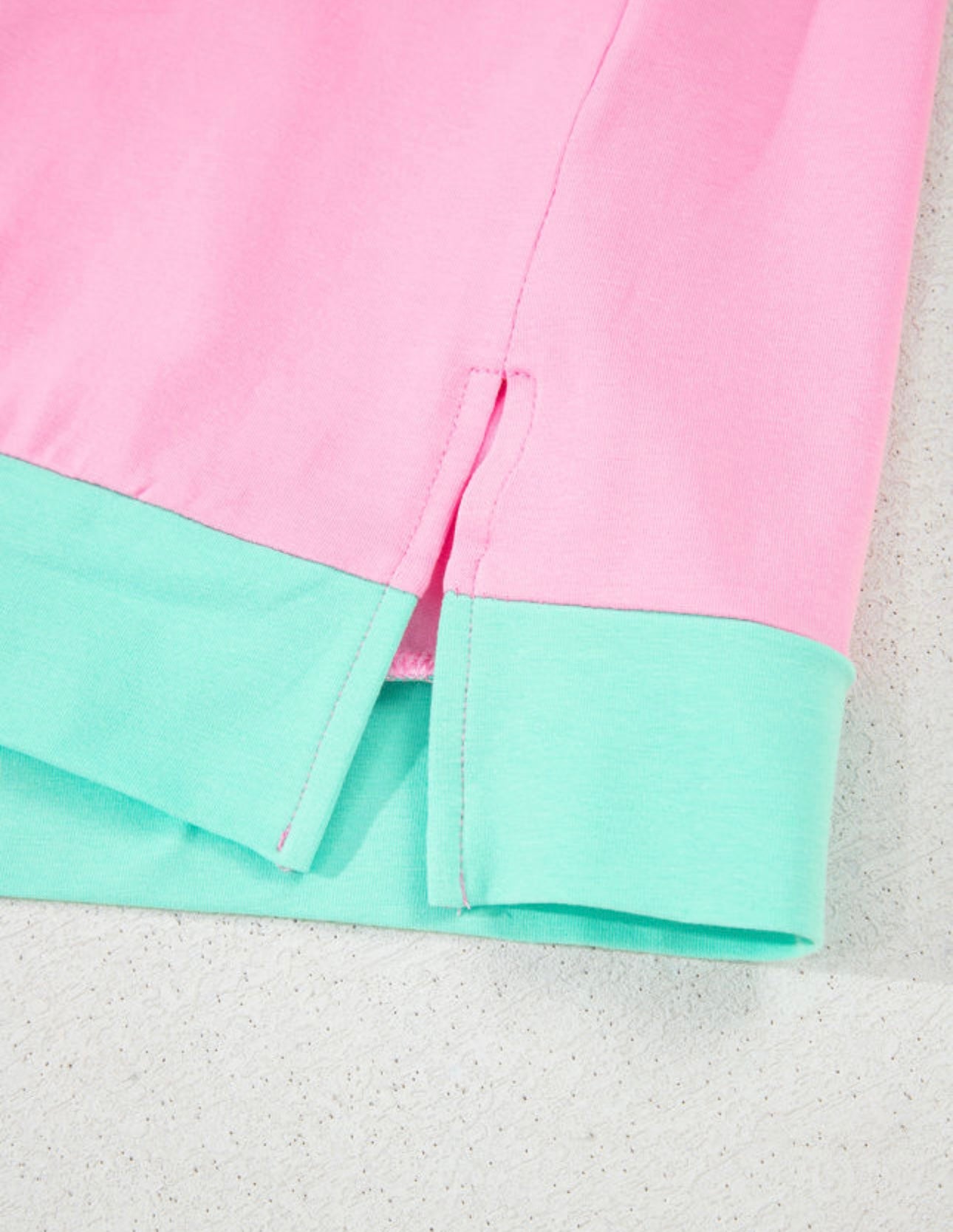 Mint Green And Pink Two Tones Half Button Collar Split Sides Top