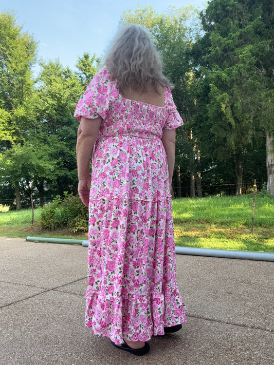 Plus Size Floral Smocked Puff Sleeve Long Curvy Dress: Multi-Colored