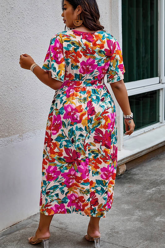 Plus Size Floral Print Cross Belt Fit Dress